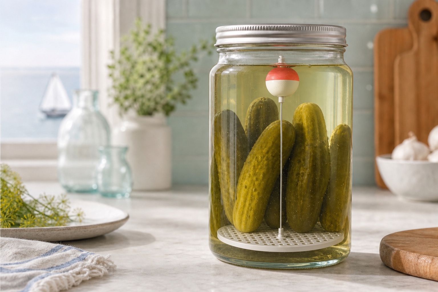 The Pickle Buoy lifting platform, central stainless tether and floating handle installed inside a sealed jar, with every pickle supported above the mesh