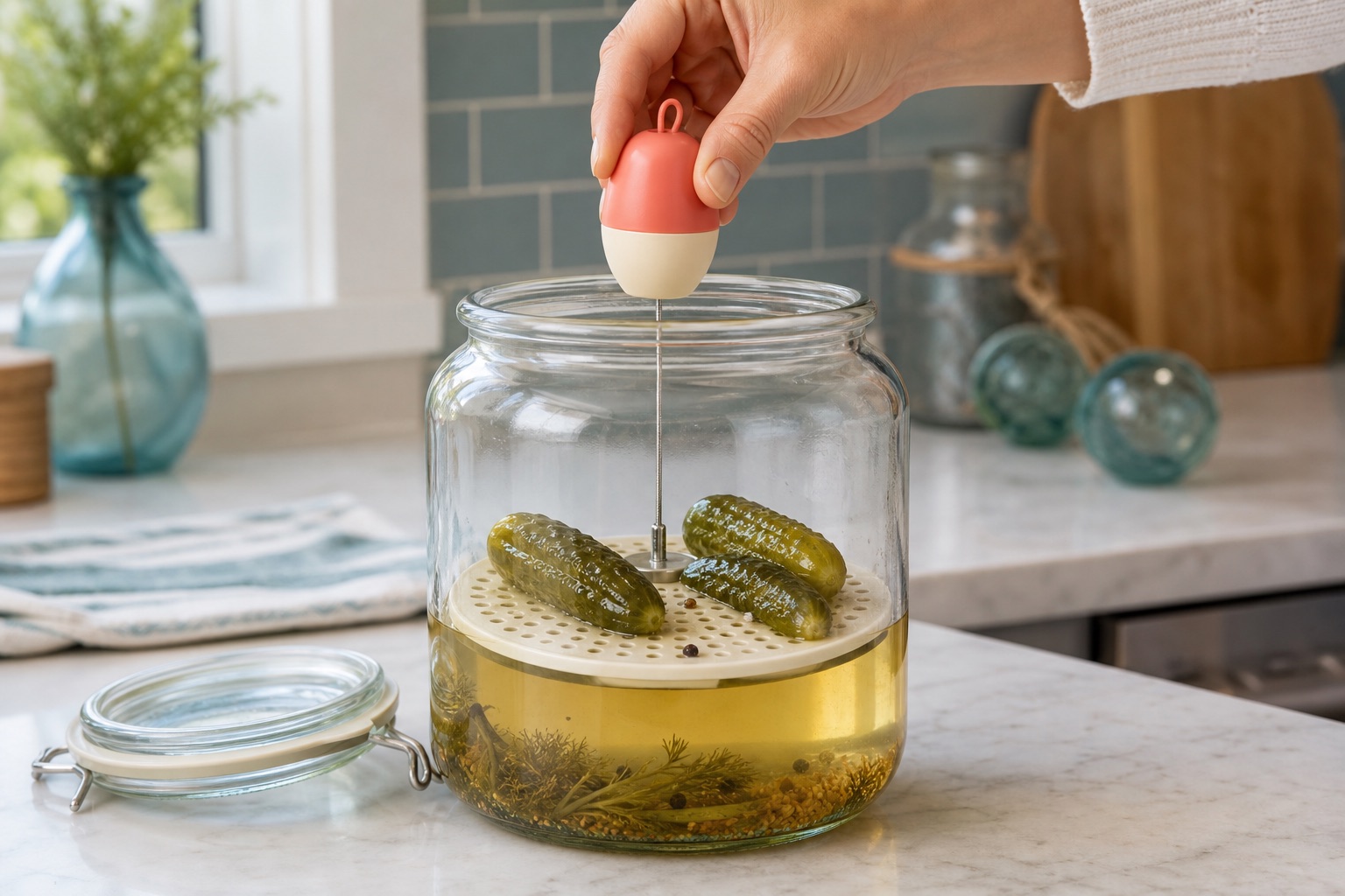 A hand lifting pickles towards the top of a jar using The Pickle Buoy