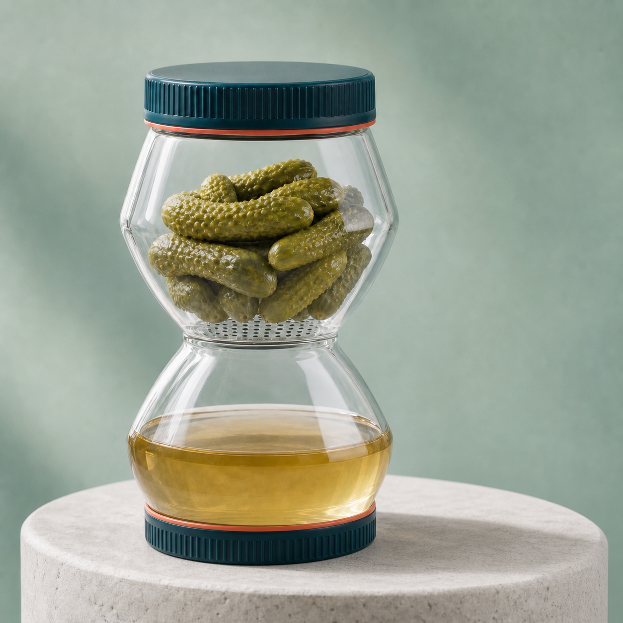 A close product study of The Pickle Tideglass, its two sealed lids and perforated waist strainer