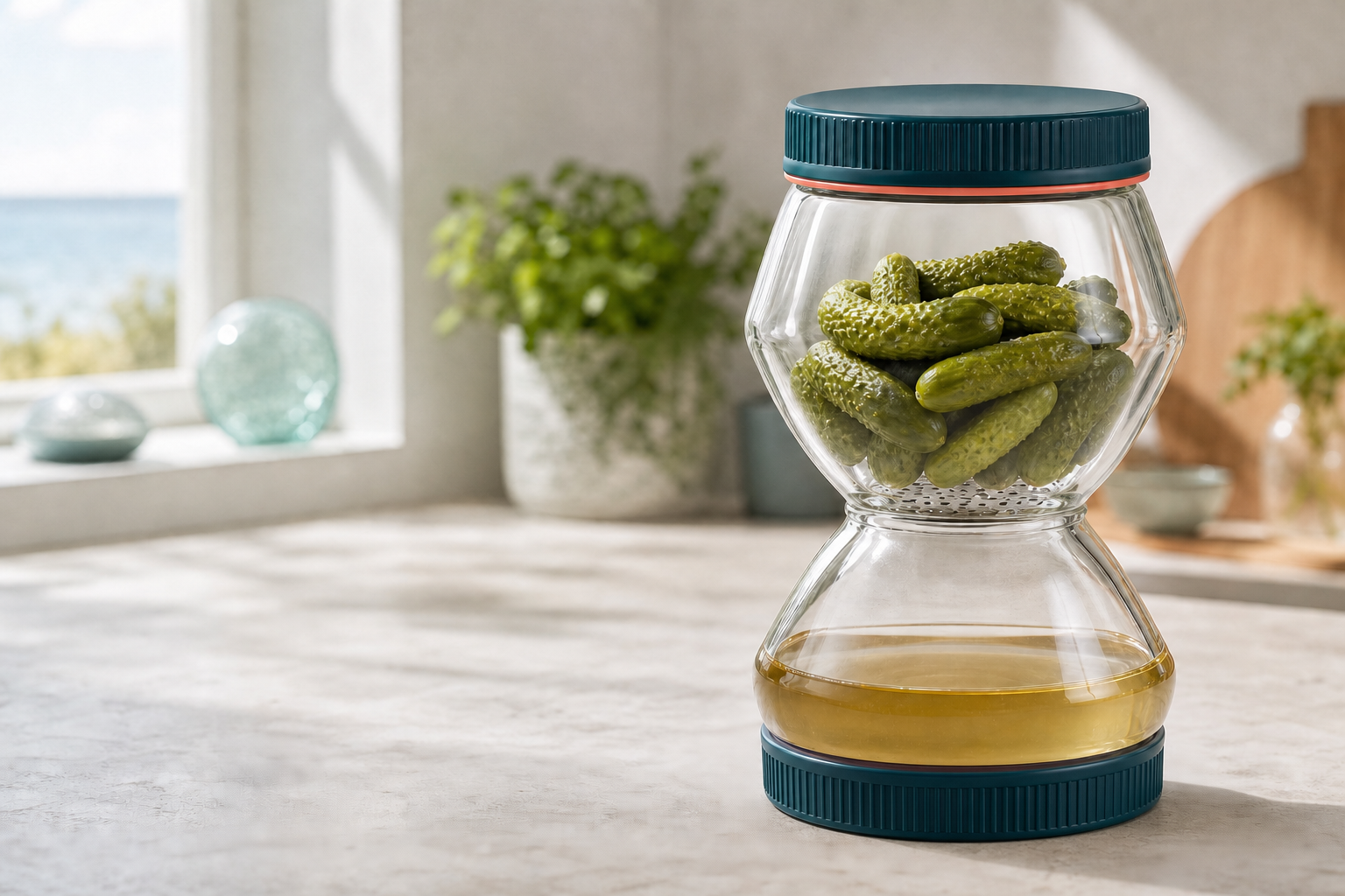 The Pickle Tideglass with dry cornichons above its strainer and brine collected below, sealed with a lid at both ends