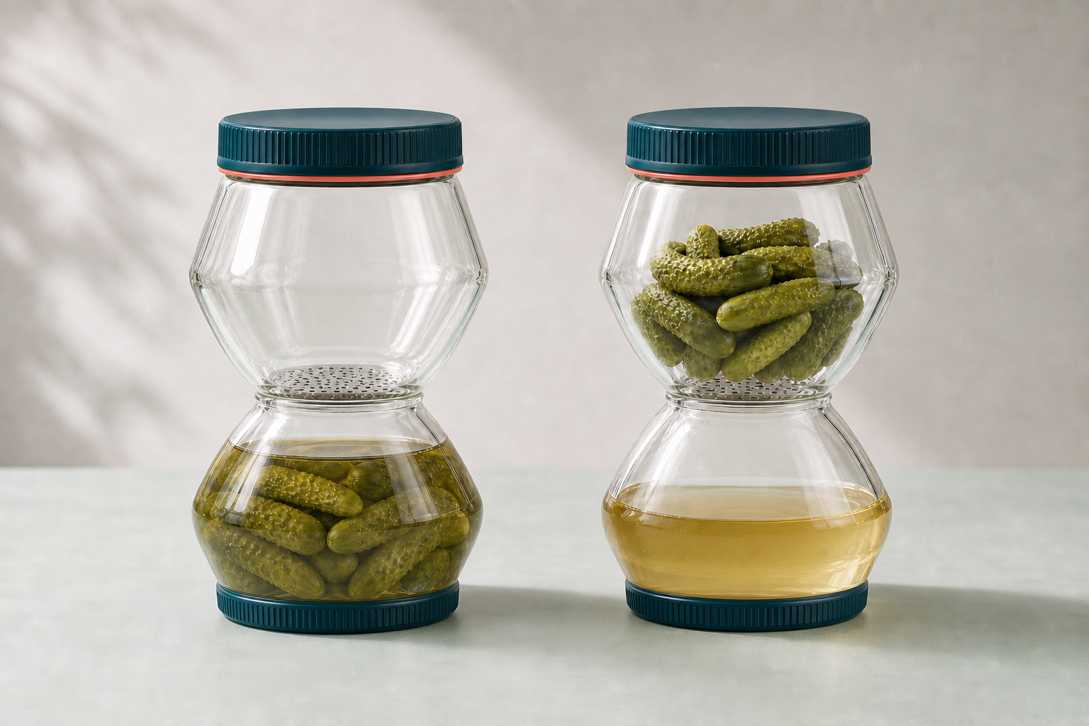 Two double-lidded Pickle Tideglass jars showing brine-covered storage and dry-serving modes